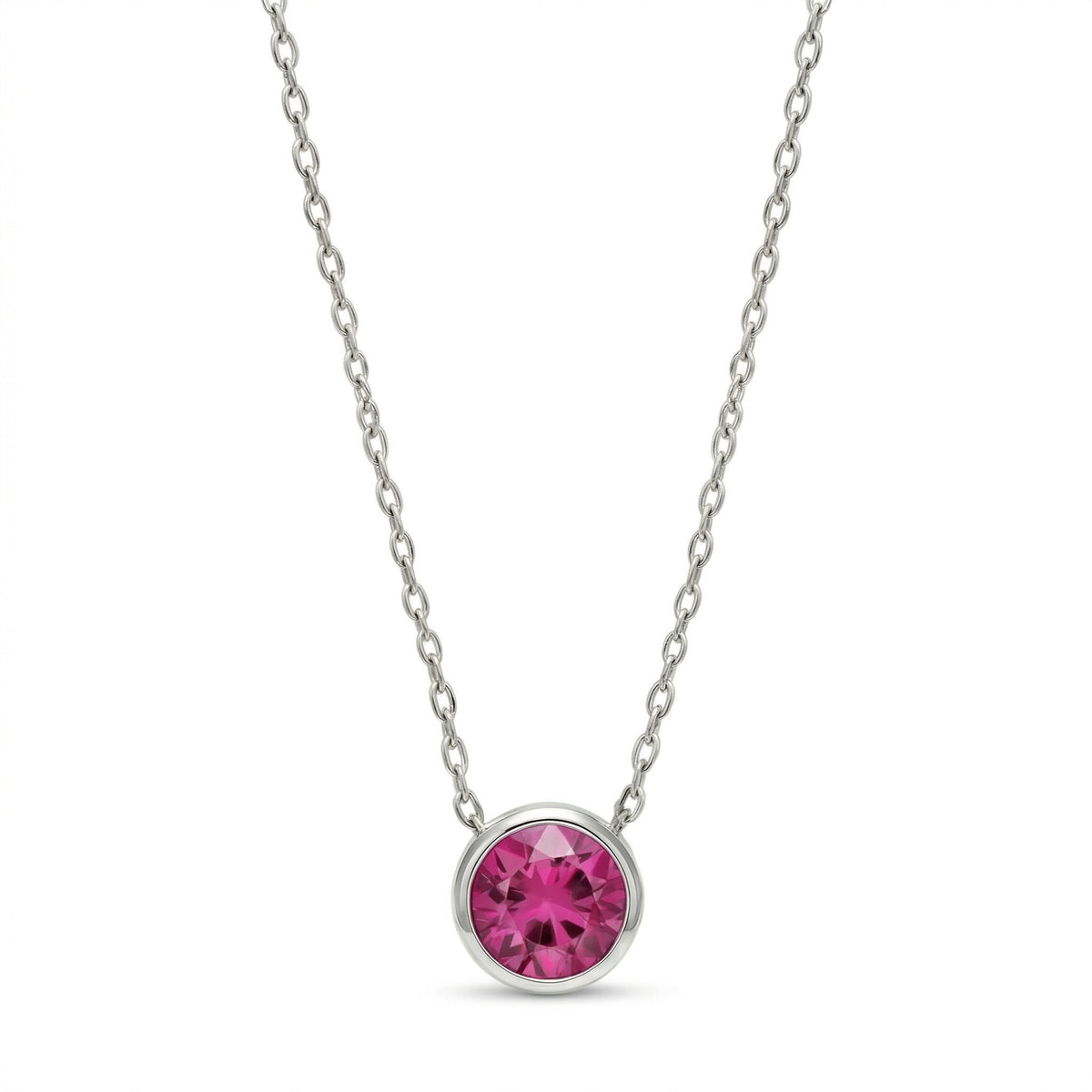 ruby birthstone necklace in white gold finish — front view
