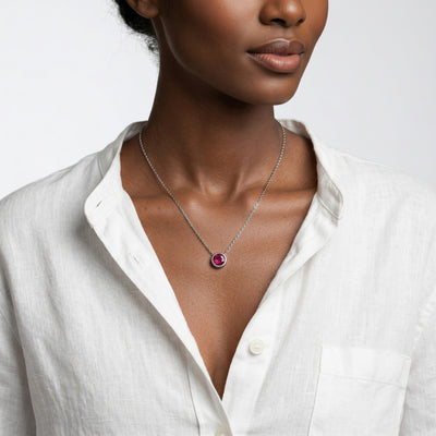 ruby birthstone necklace in white gold finish — model view