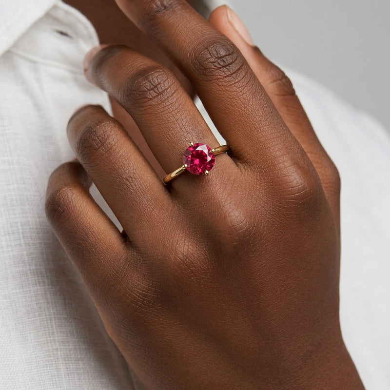 ruby birthstone ring in yellow gold finish — model view