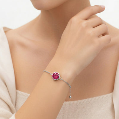 ruby birthstone bracelet in white gold finish — model view