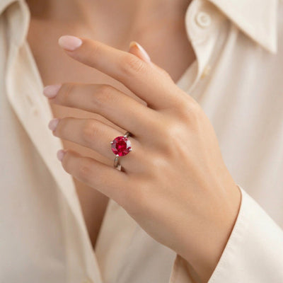 ruby birthstone ring in white gold finish — model view