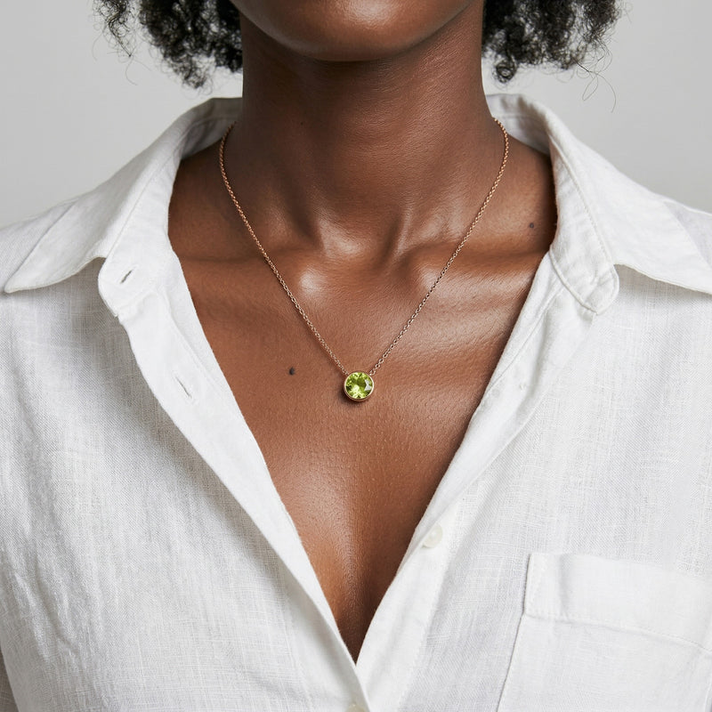 peridot birthstone necklace in rose gold finish — model view