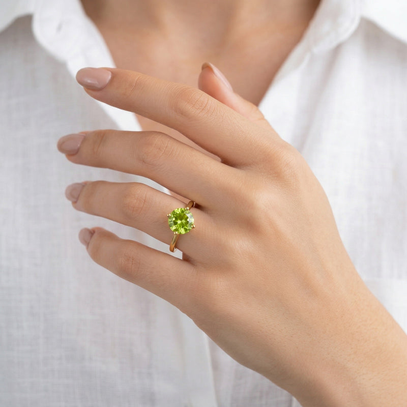 peridot birthstone ring in yellow gold finish — model view