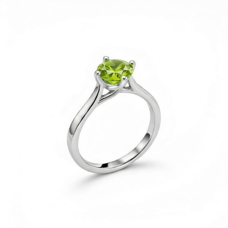 peridot birthstone ring in white gold finish — side view