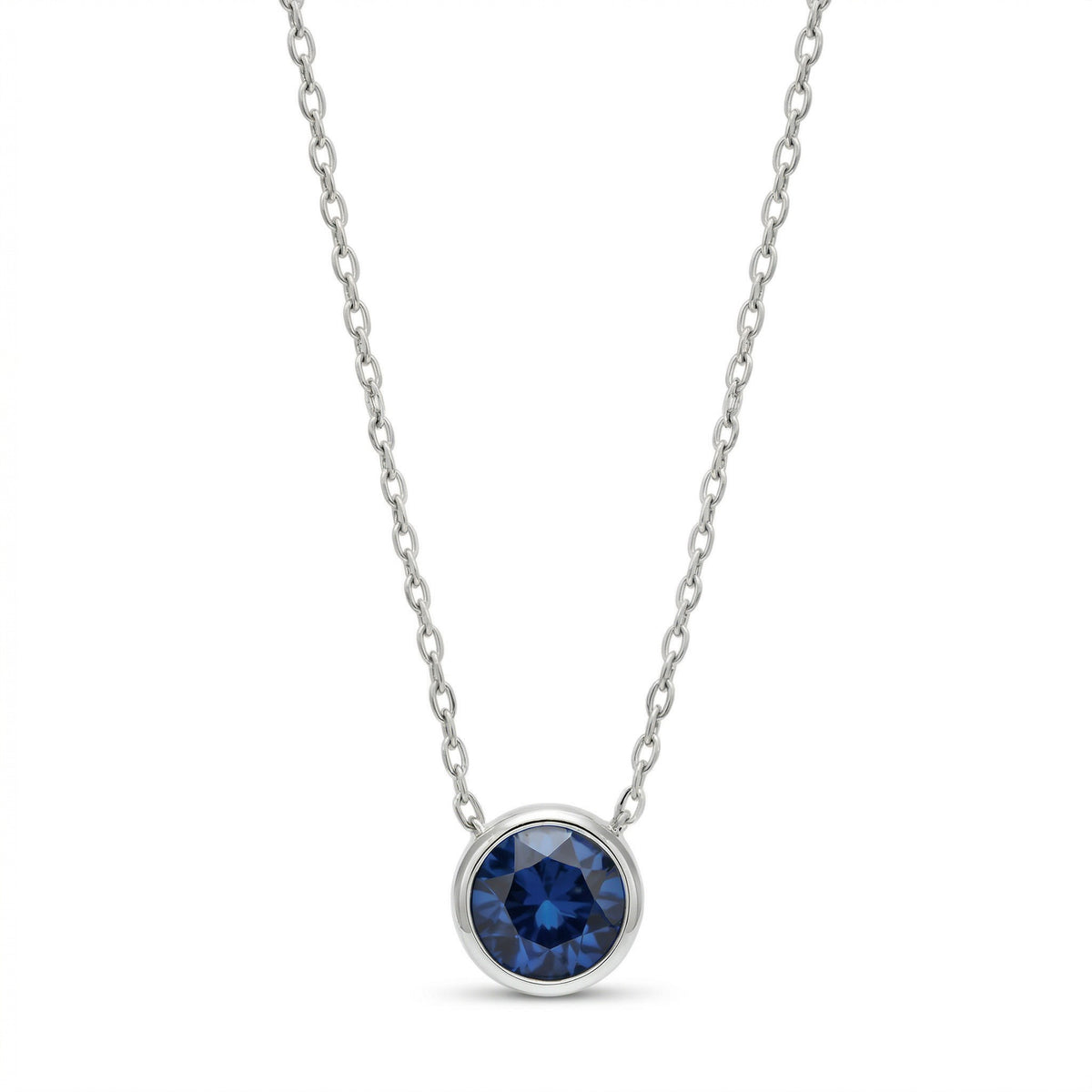 sapphire birthstone necklace in white gold finish — front view