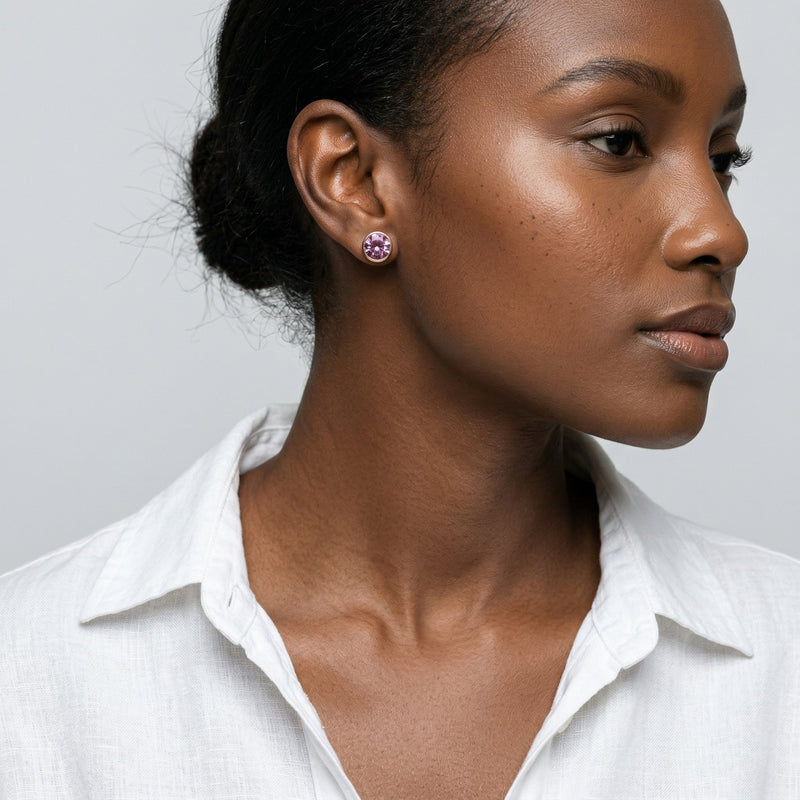 tourmaline birthstone stud earrings in rose gold finish — model view