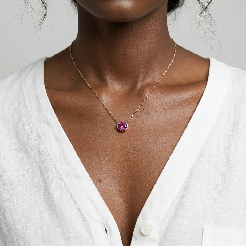 tourmaline birthstone necklace in rose gold finish — model view
