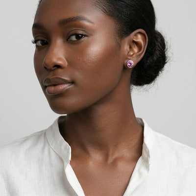 tourmaline birthstone stud earrings in white gold finish — model view