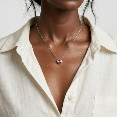 tourmaline birthstone necklace in white gold finish — model view