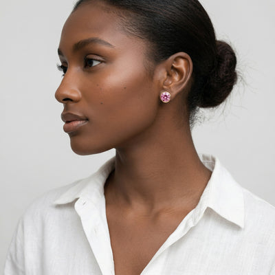 tourmaline birthstone stud earrings in yellow gold finish — model view