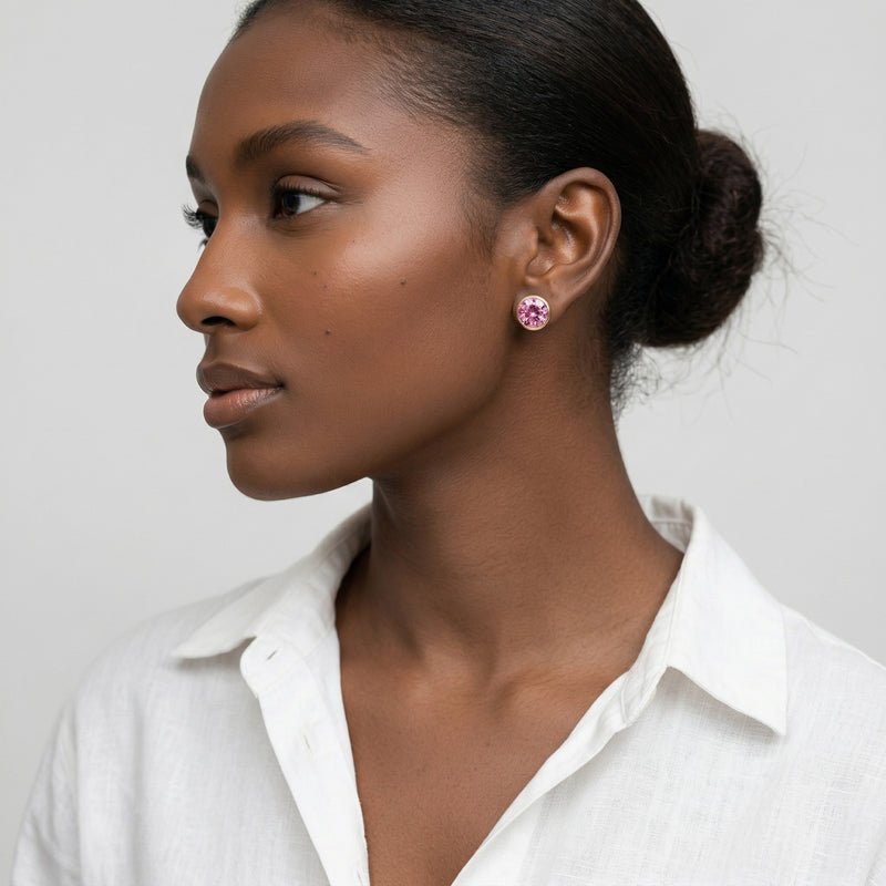 tourmaline birthstone stud earrings in yellow gold finish — model view