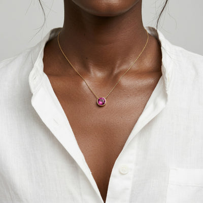 tourmaline birthstone necklace in yellow gold finish — model view