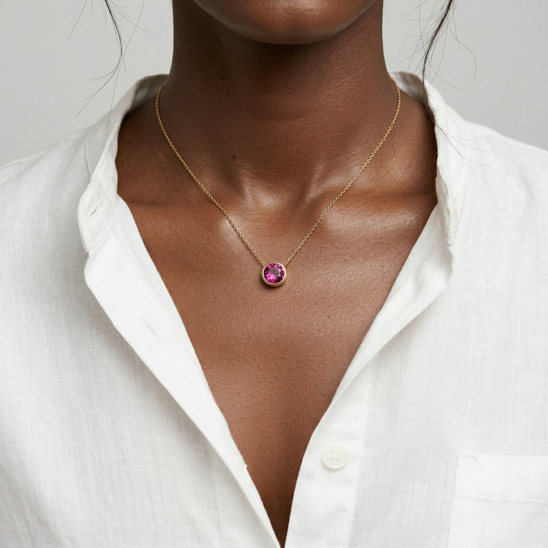 tourmaline birthstone necklace in yellow gold finish — model view