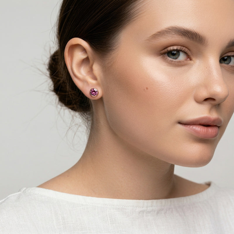 tourmaline birthstone stud earrings in rose gold finish — model view