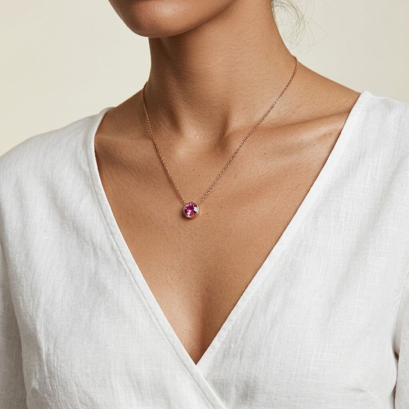 tourmaline birthstone necklace in rose gold finish — model view