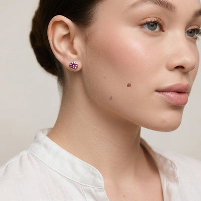 tourmaline birthstone stud earrings in white gold finish — model view