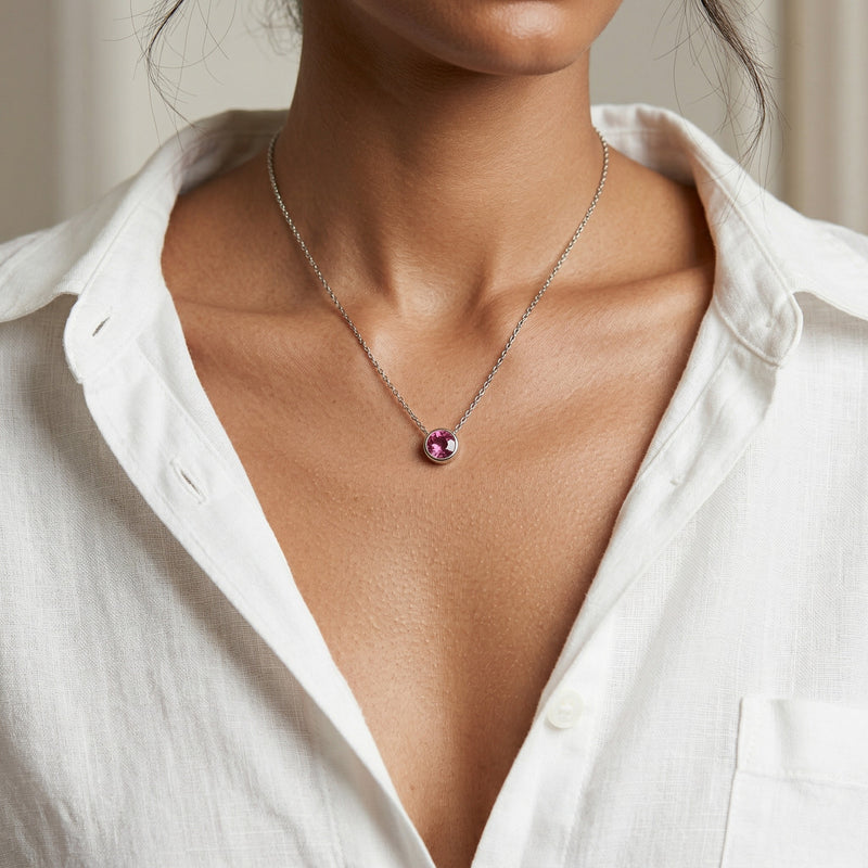 tourmaline birthstone necklace in white gold finish — model view