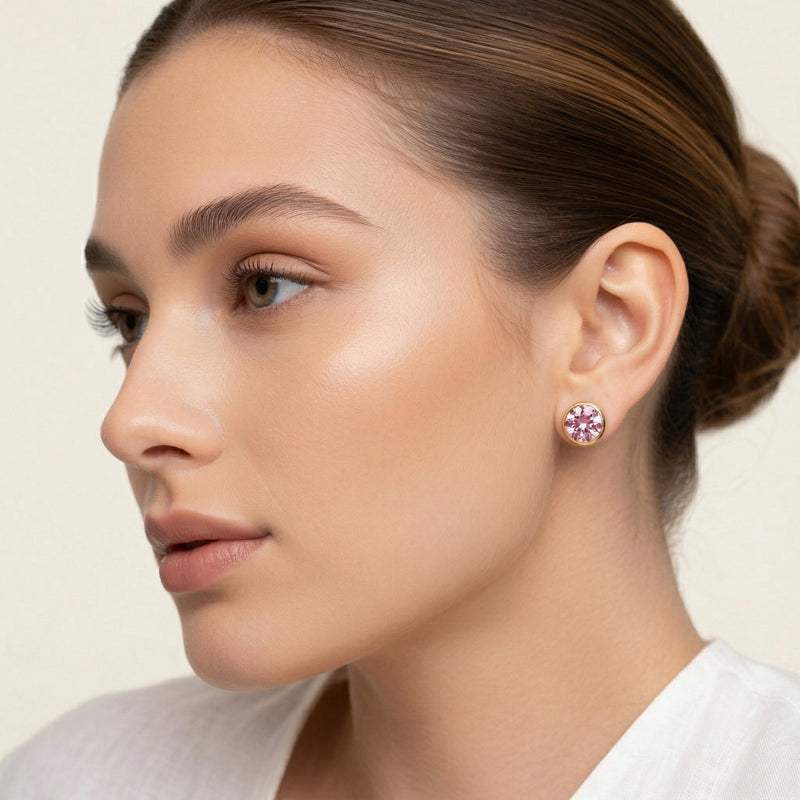 tourmaline birthstone stud earrings in yellow gold finish — model view