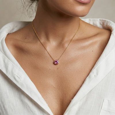 tourmaline birthstone necklace in yellow gold finish — model view