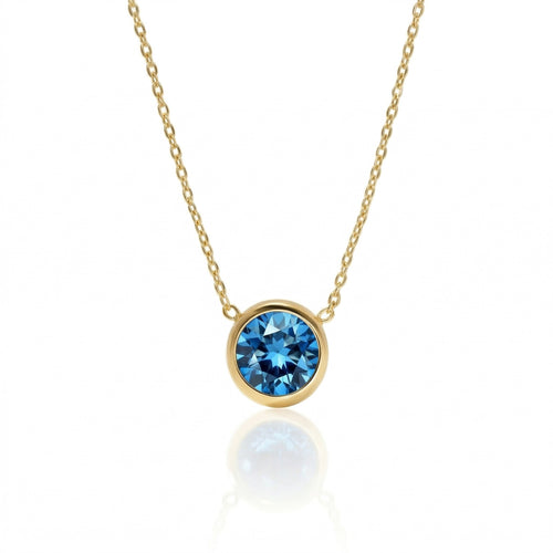 blue topaz birthstone necklace in yellow gold finish — front view