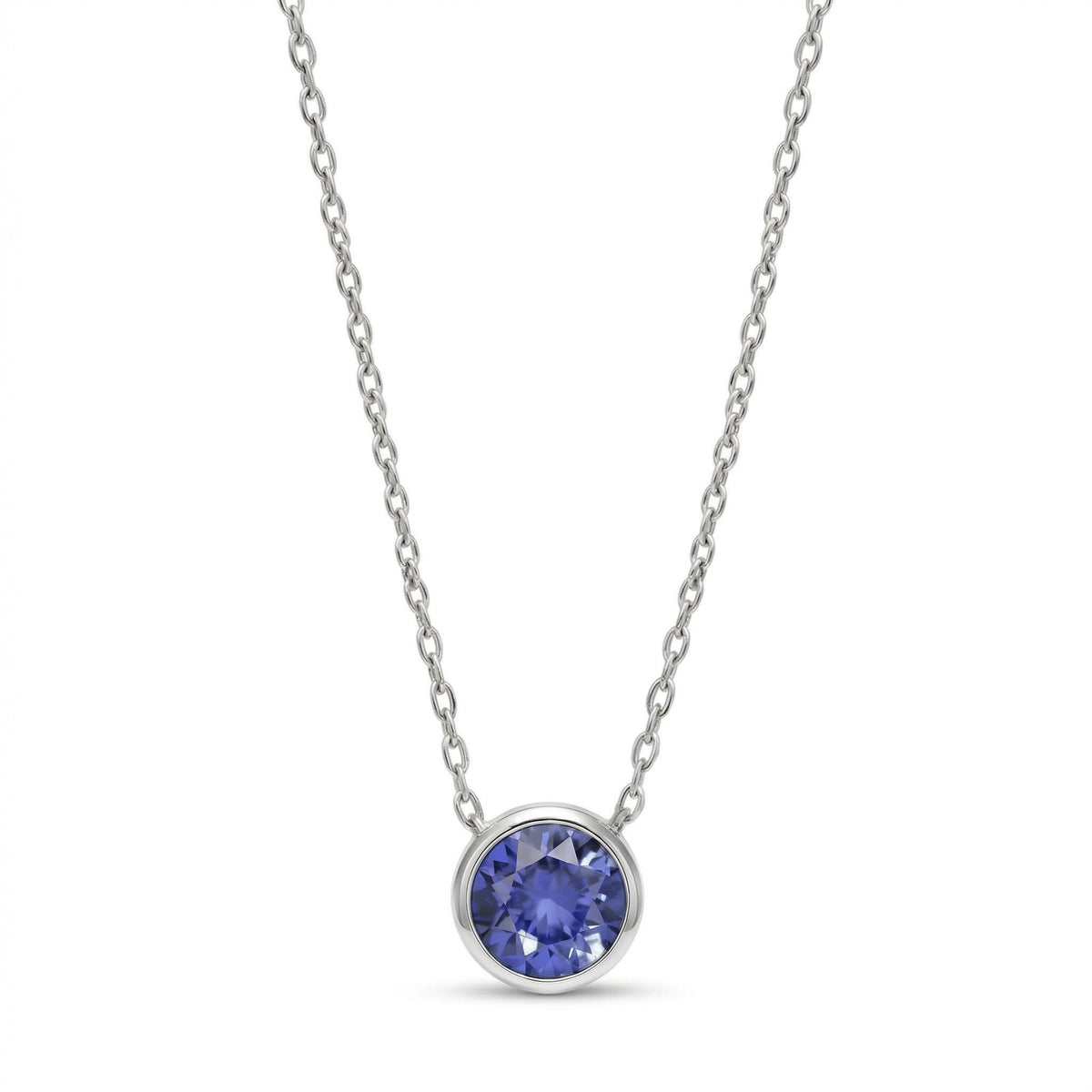 tanzanite birthstone necklace in white gold finish — front view