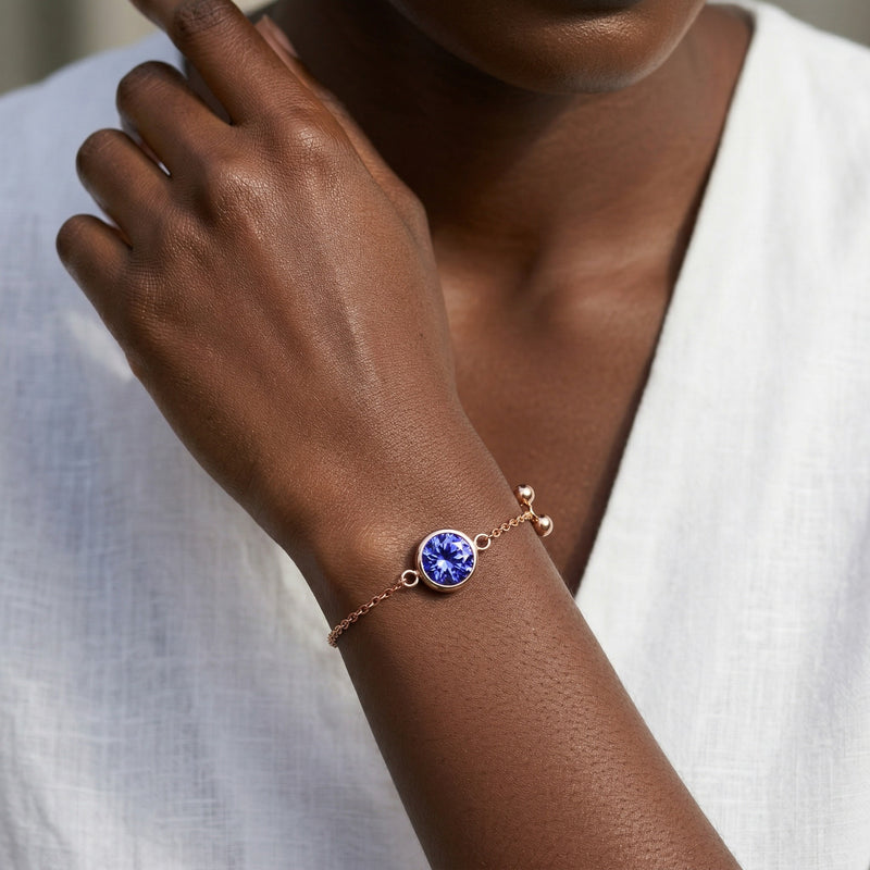 tanzanite birthstone bracelet in rose gold finish — model view