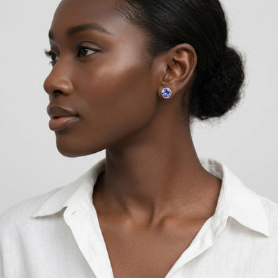 tanzanite birthstone stud earrings in rose gold finish — model view