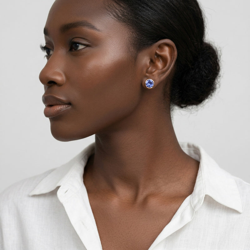 tanzanite birthstone stud earrings in rose gold finish — model view