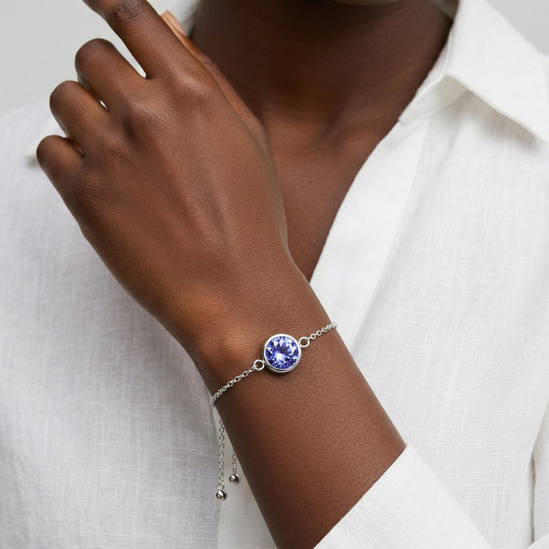 tanzanite birthstone bracelet in white gold finish — model view