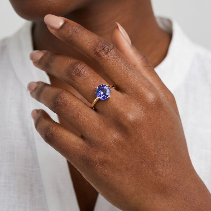 tanzanite birthstone ring in yellow gold finish — model view