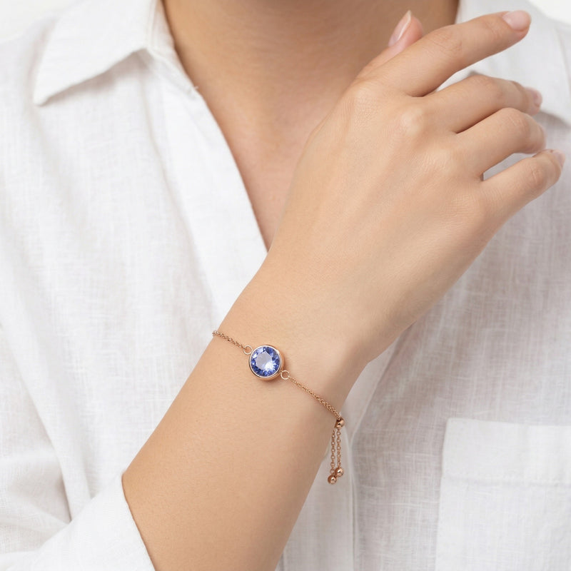tanzanite birthstone bracelet in rose gold finish — model view