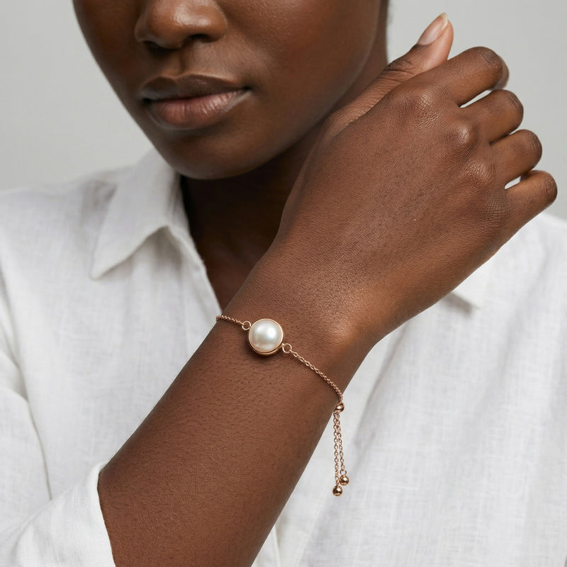 pearl birthstone bracelet in rose gold finish — model view