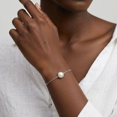 pearl birthstone bracelet in white gold finish — model view