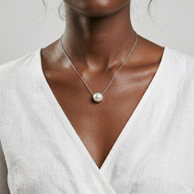 pearl birthstone necklace in white gold finish — model view