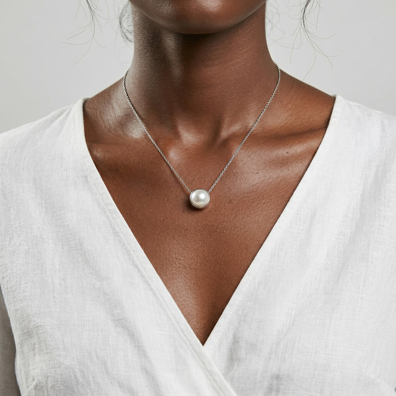 pearl birthstone necklace in white gold finish — model view