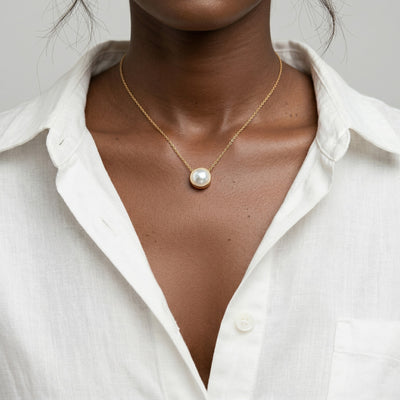 pearl birthstone necklace in yellow gold finish — model view