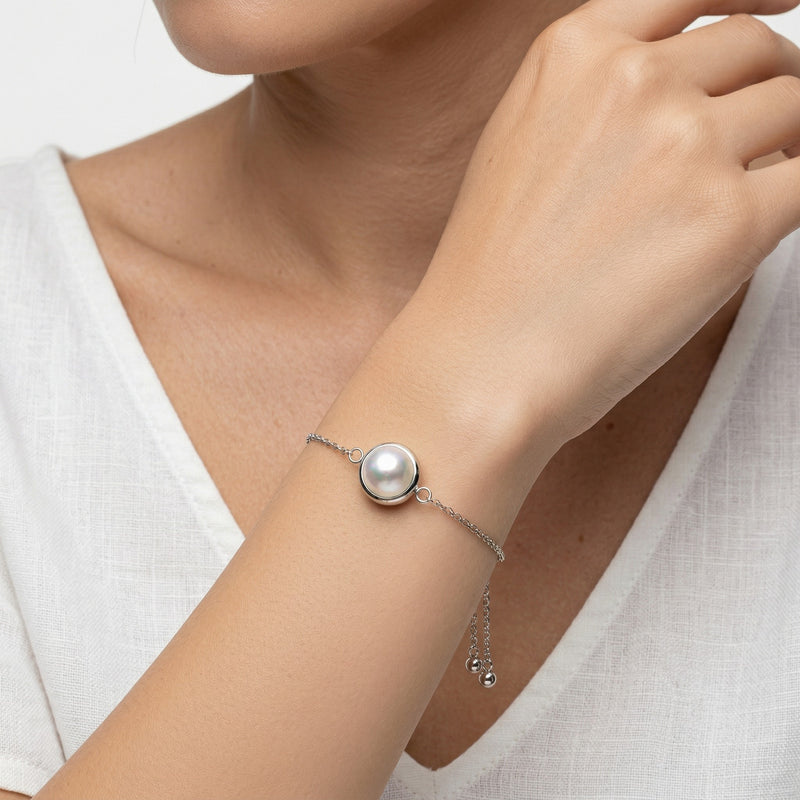pearl birthstone bracelet in white gold finish — model view