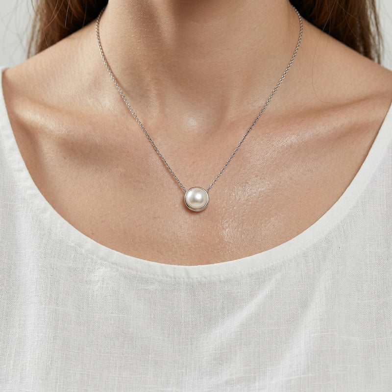 pearl birthstone necklace in white gold finish — model view