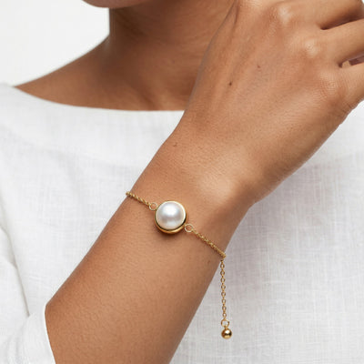 pearl birthstone bracelet in yellow gold finish — model view