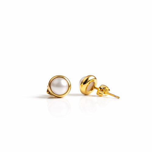 pearl birthstone stud earrings in yellow gold finish — side view