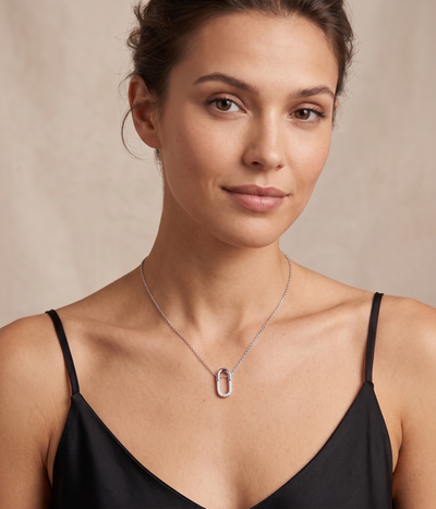oval pavé pendant necklace in white gold finish — model view