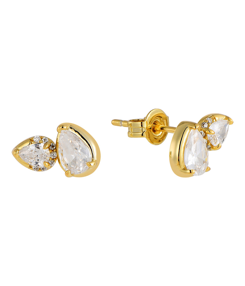 white teardrop climber earrings in yellow gold finish — front view