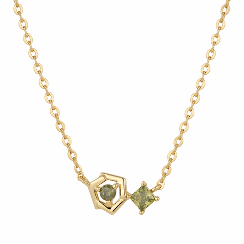 peridot geometric hexa pendant necklace in yellow gold finish — front view