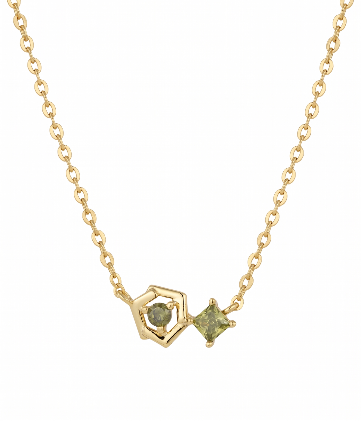 peridot geometric hexa pendant necklace in yellow gold finish — front view