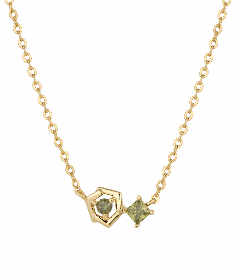 peridot geometric hexa pendant necklace in yellow gold finish — front view