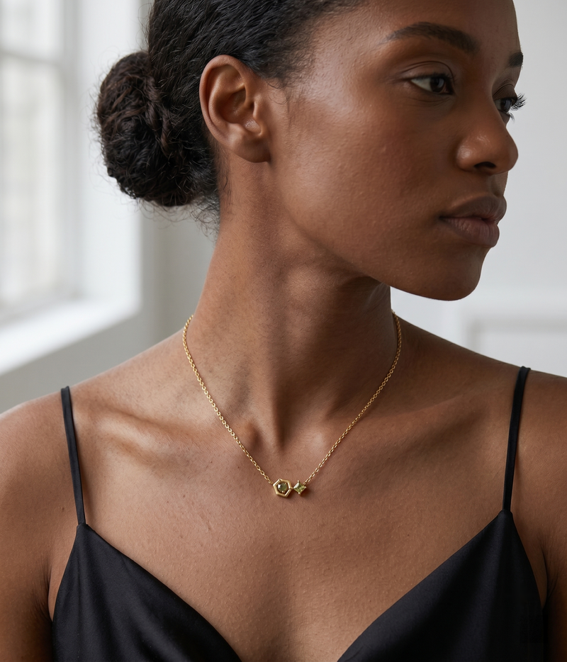 peridot geometric hexa pendant necklace in yellow gold finish — model view