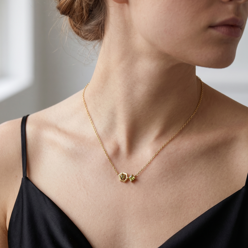 peridot geometric hexa pendant necklace in yellow gold finish — model view