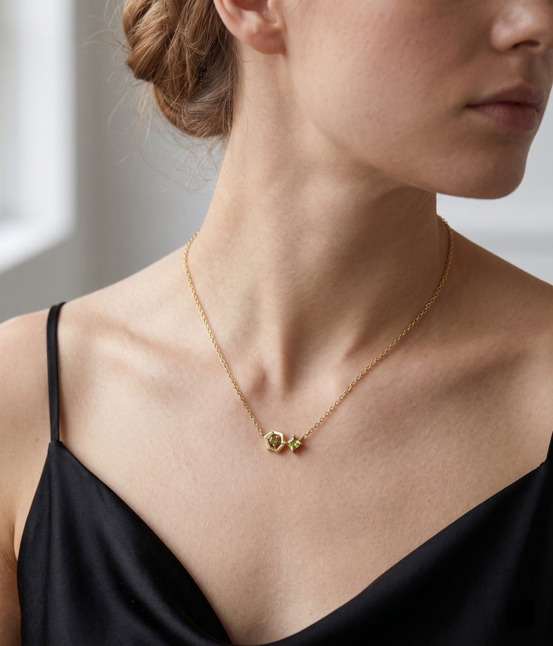 peridot geometric hexa pendant necklace in yellow gold finish — model view