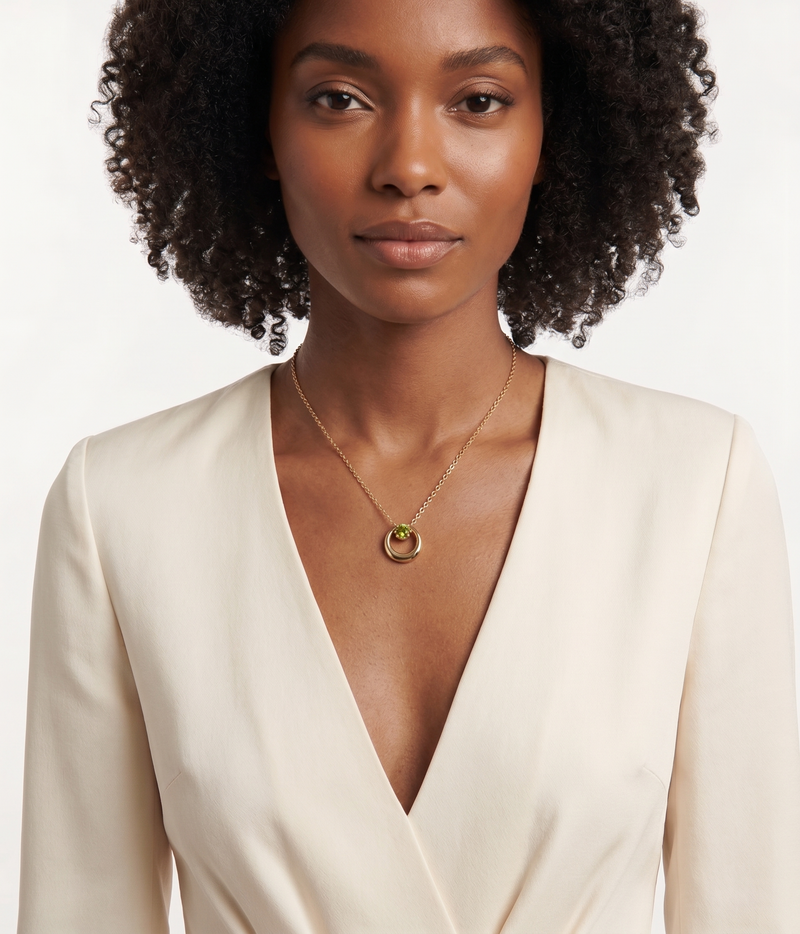 peridot twisted circle pendant necklace in yellow gold finish — model view
