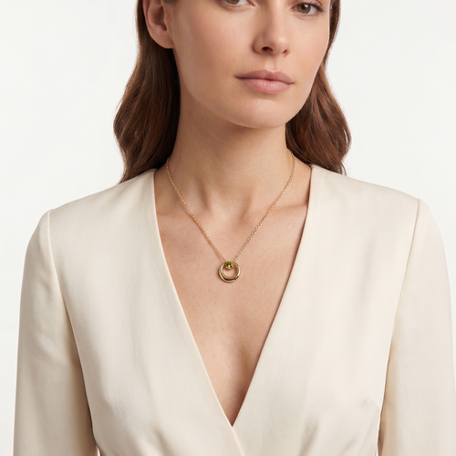 peridot twisted circle pendant necklace in yellow gold finish — model view
